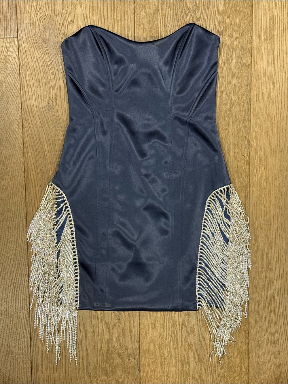 Oh Polly Euphoria Embellished Bustier Satin Mini Dress in Navy Blue